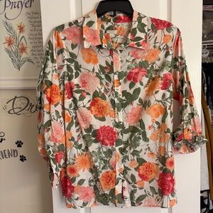 Talbots Floral Button-Down Shirt - Red, Pink, Orange, Green